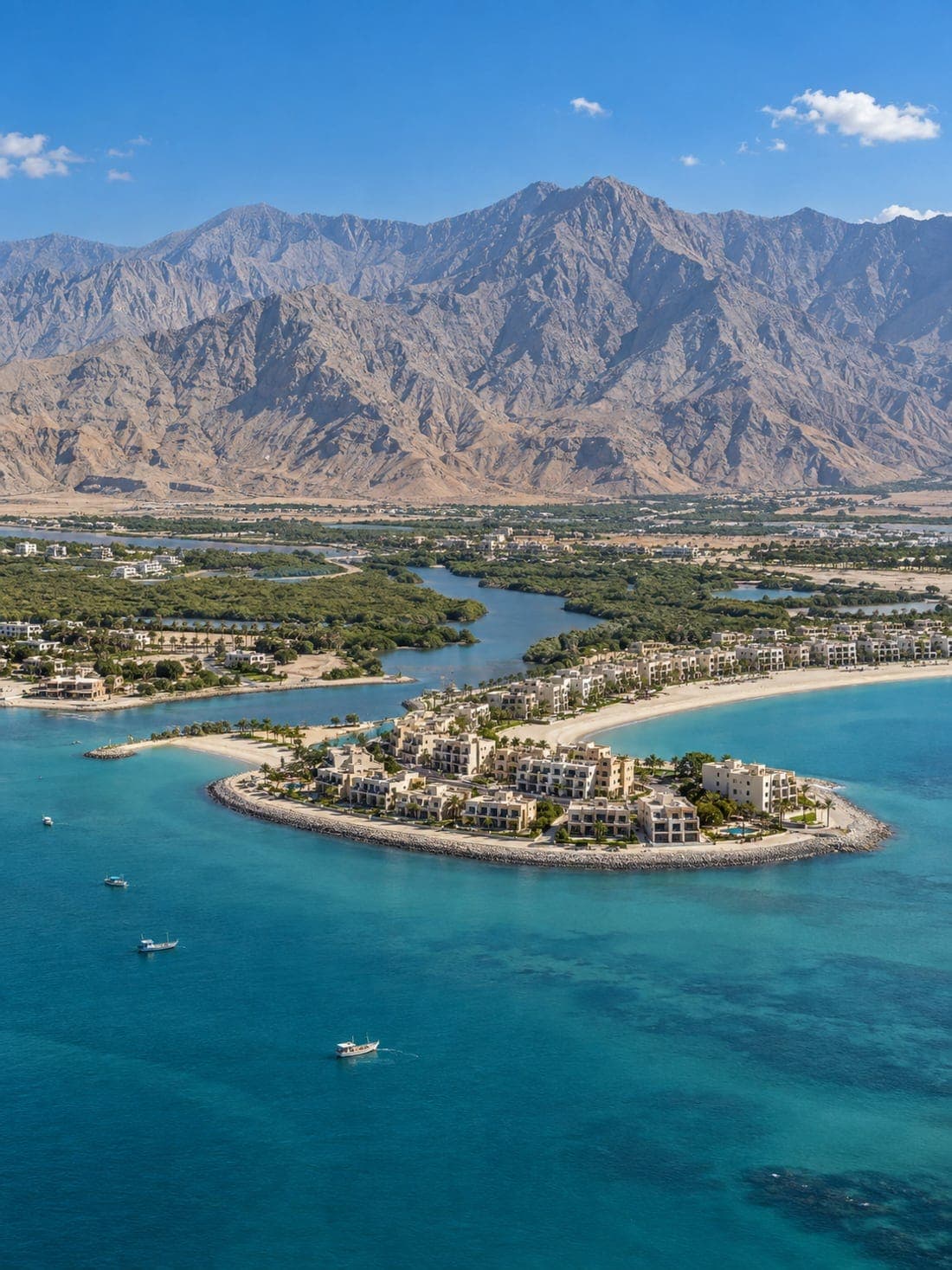 Ras Al Khaimah: rugged mountains behind a low-rise island development and a turquoise sea