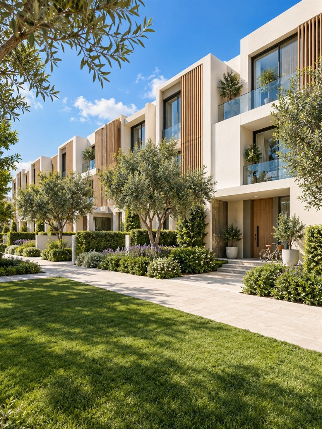 A row of contemporary townhouses with timber screens, olive trees and a landscaped front path