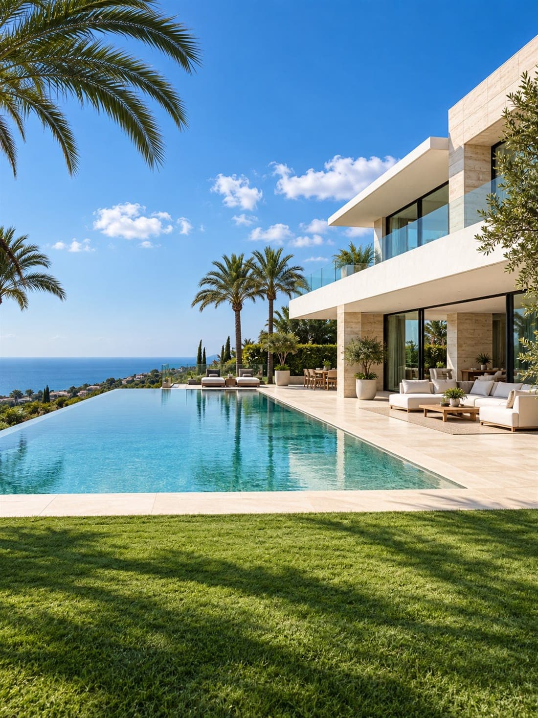 A modern villa with an infinity pool and a lawn overlooking the sea