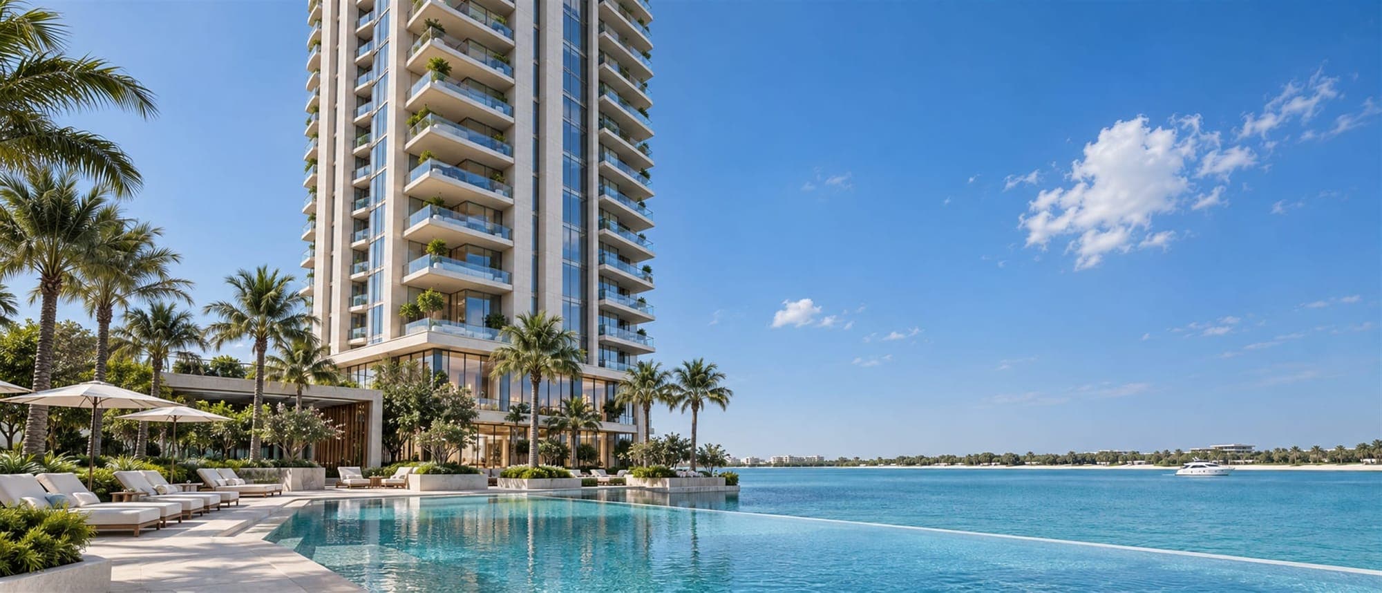 An apartment tower beside an infinity pool that meets the sea