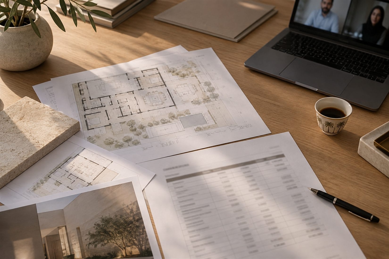 Floor plans and a payment schedule laid out on an oak desk