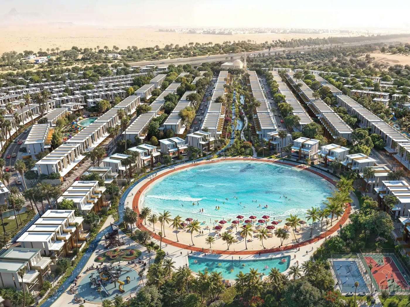 Aerial view of the lagoon and villas, Tilal Binghatti