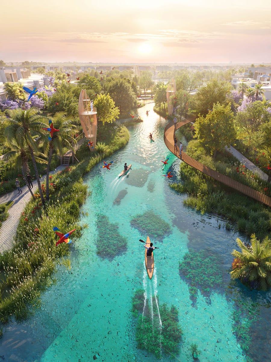 Waterway through tropical landscaping, DAMAC Islands 2