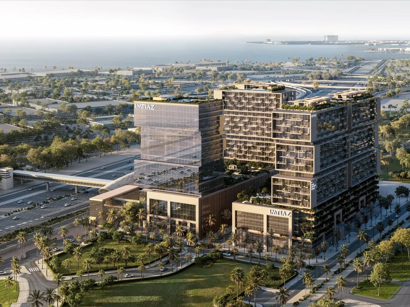 Aerial view of the towers and landscaped grounds, RAW District