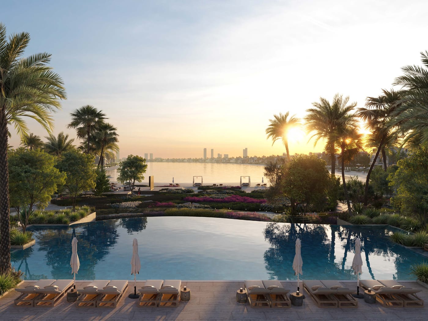 Infinity pool at sunset, Palm Central