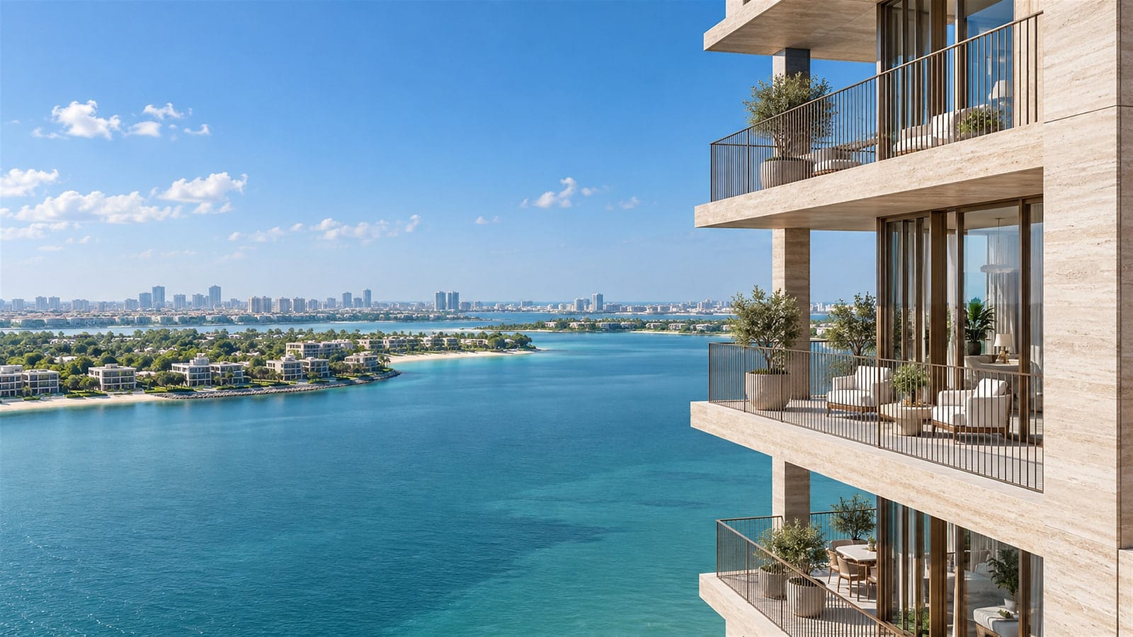 Travertine balconies with olive trees overlooking calm turquoise water on a sunny day