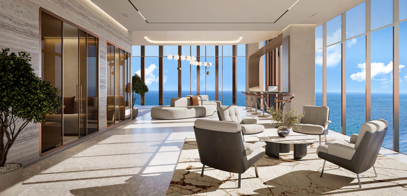 Business lounge with armchairs and sofas beside floor-to-ceiling windows facing the sea