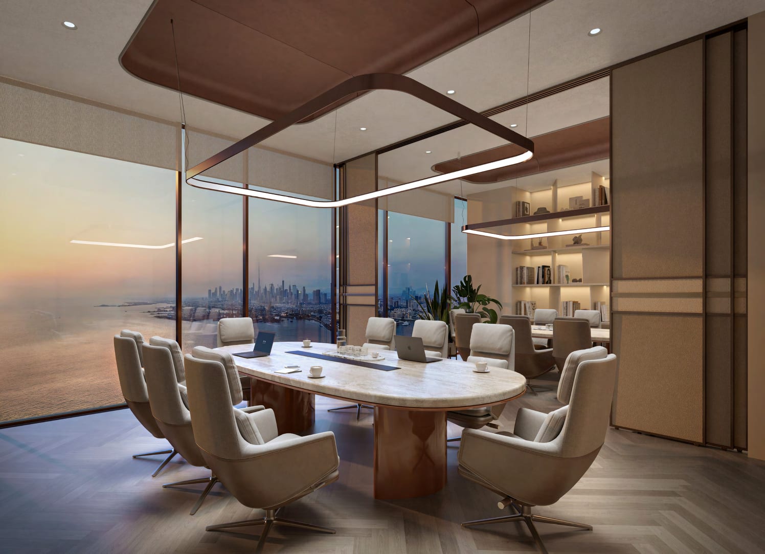 Meeting room with an oval stone table and upholstered chairs, the coastline and city skyline beyond the glass