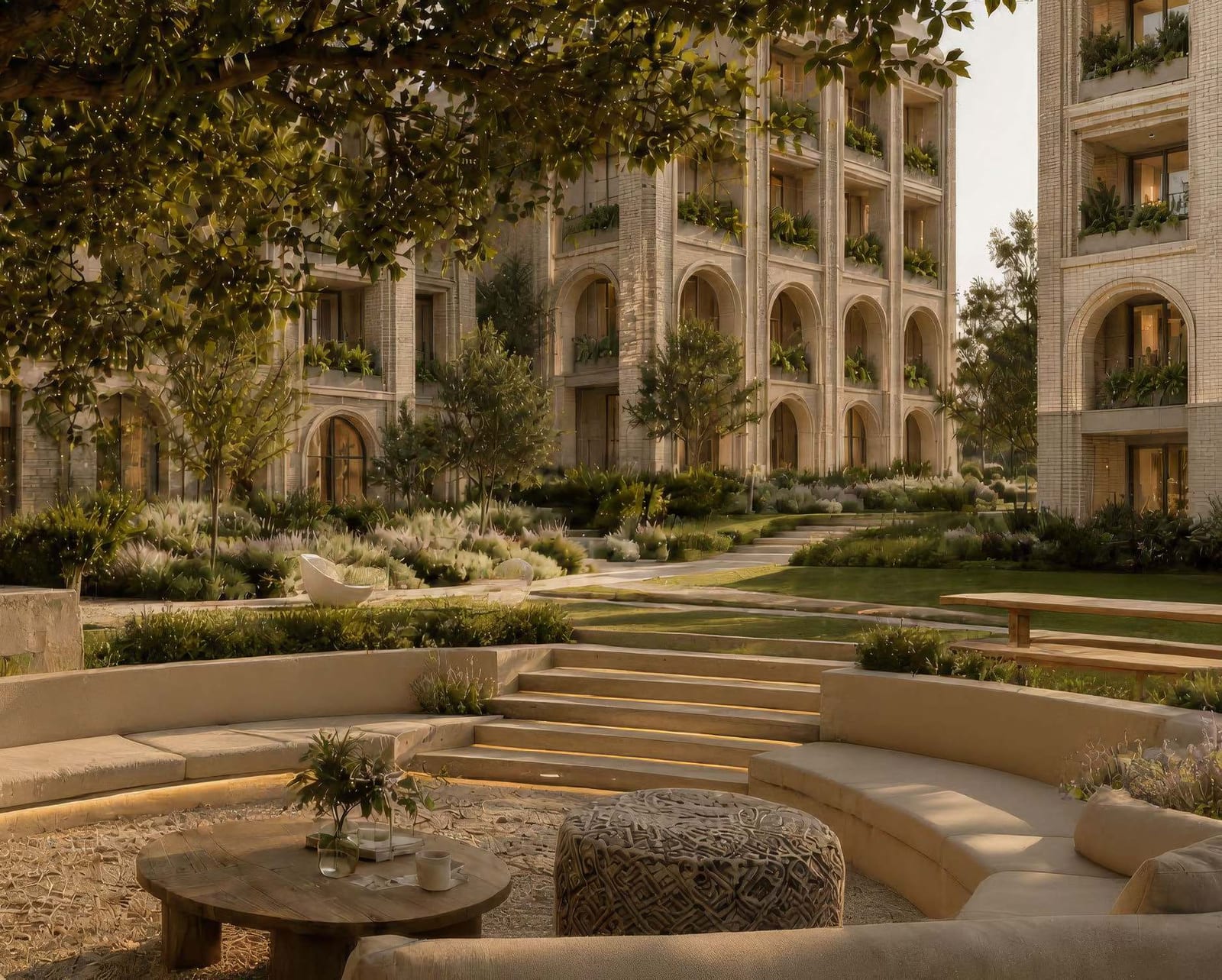 Sunken garden seating with curved stone benches and steps, below arched apartment facades
