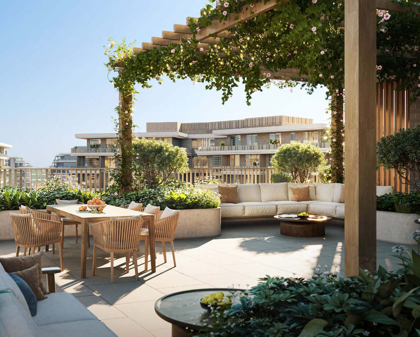 Rooftop terrace with a vine-covered pergola, dining table and outdoor sofa overlooking the community