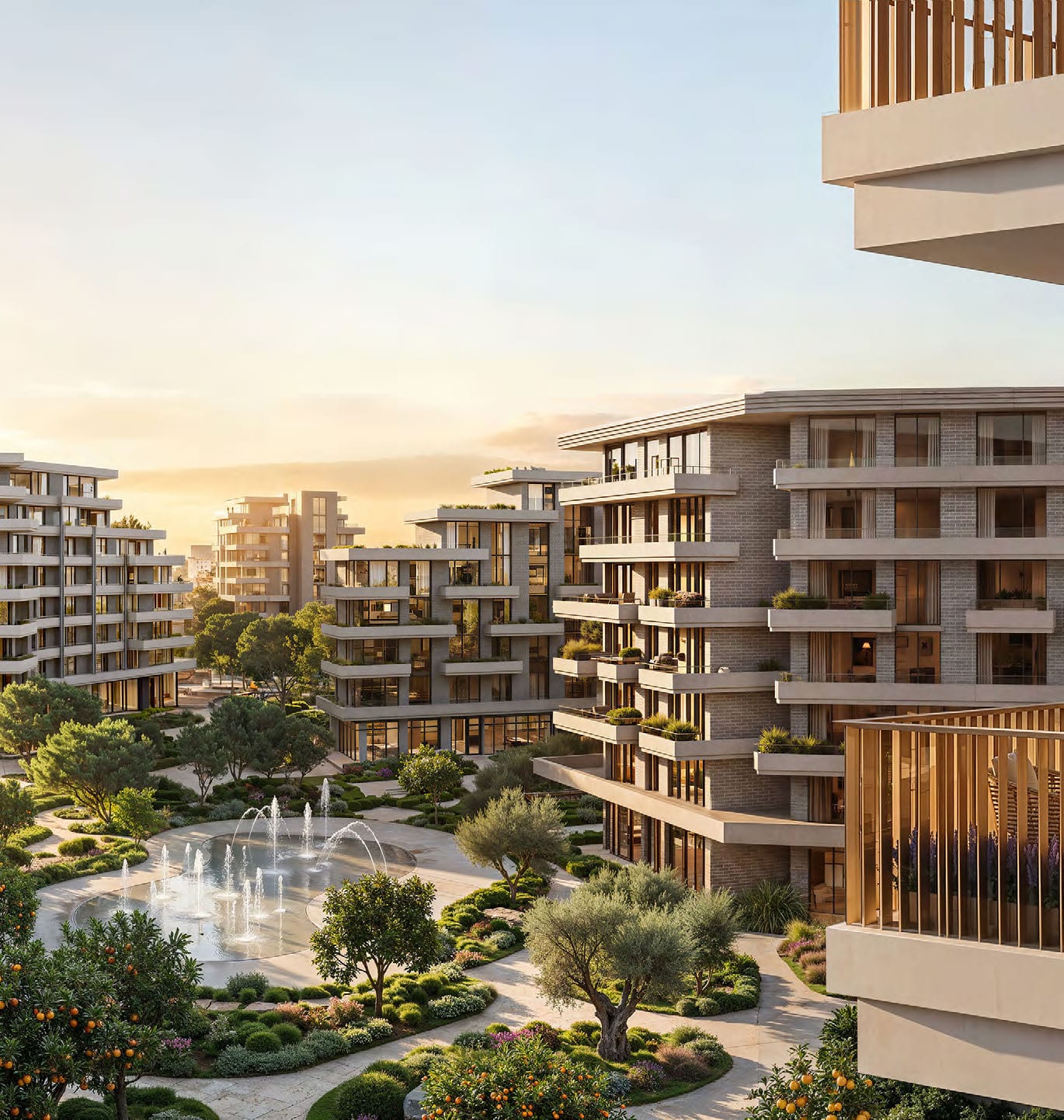 Terraced apartment buildings above gardens with olive trees, orange trees and a fountain plaza