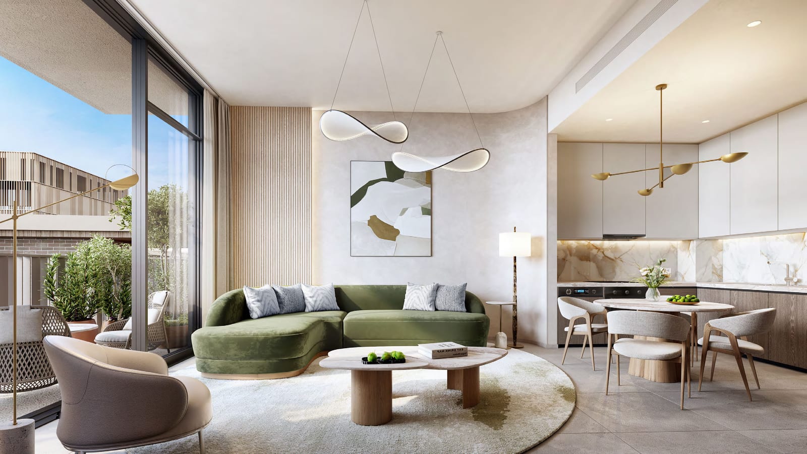 Open-plan living room with a green curved sofa, round rug, dining table and kitchen beside full-height windows
