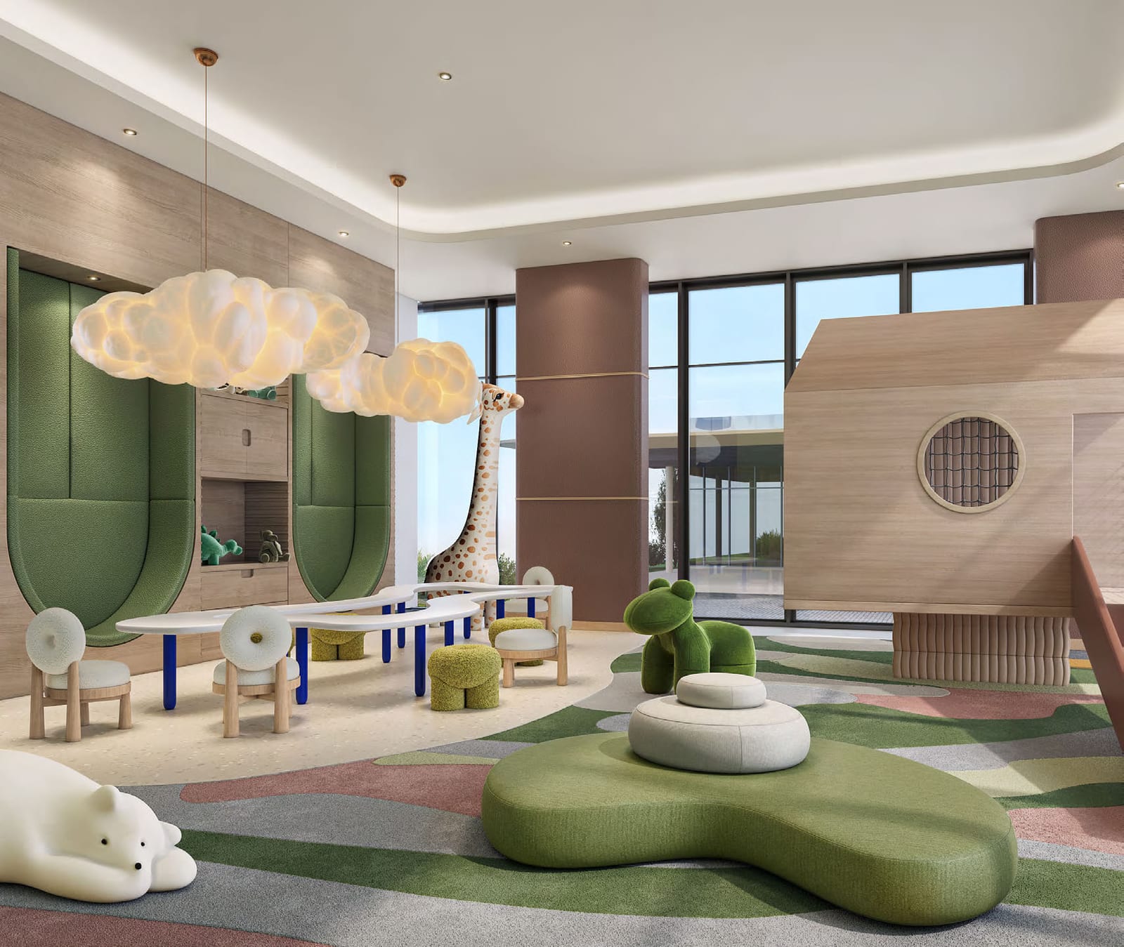 Indoor kids' club with small tables, green seating, a play house and cloud-shaped lights