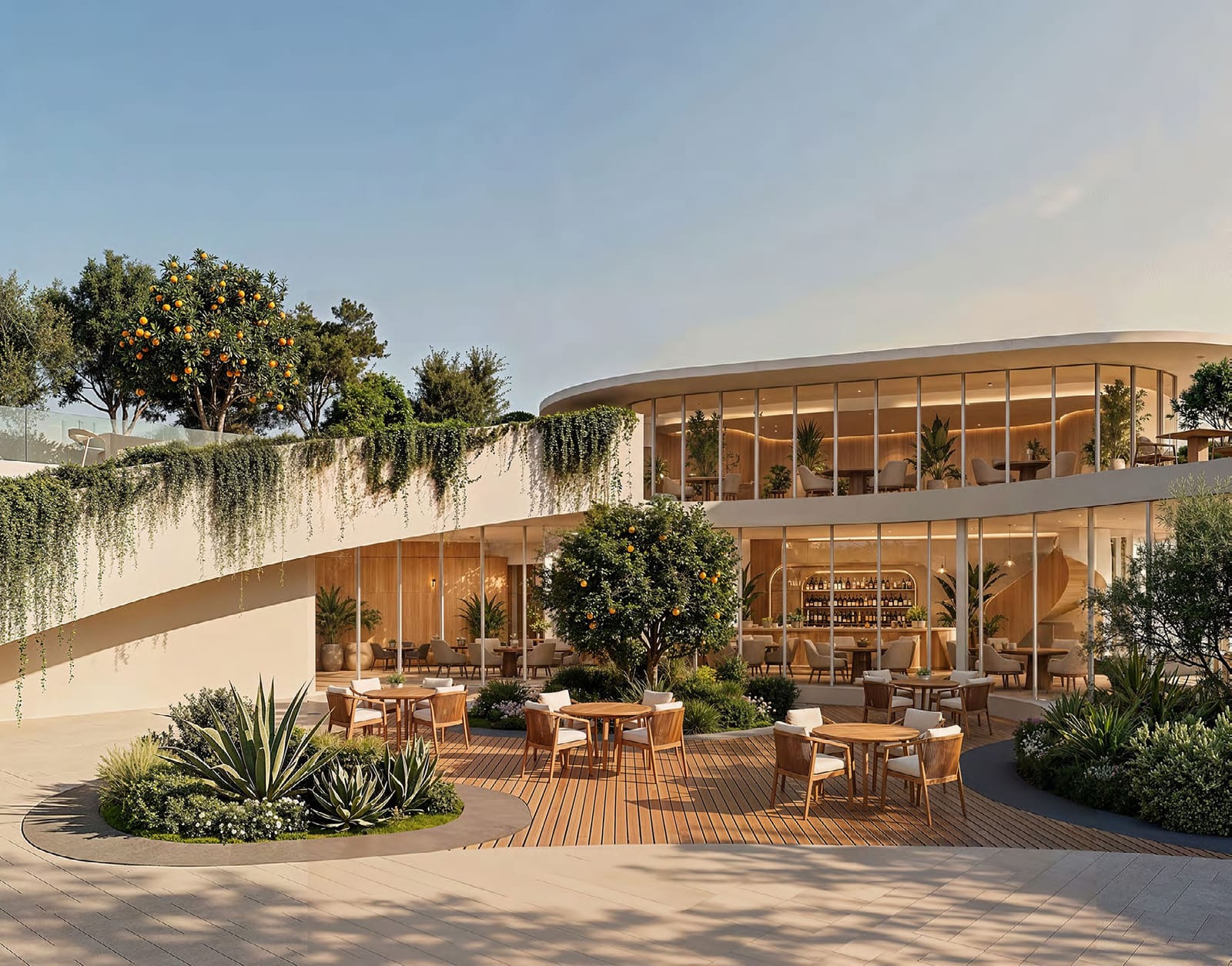 Glass-fronted café pavilion with a planted roof and outdoor tables on a timber deck
