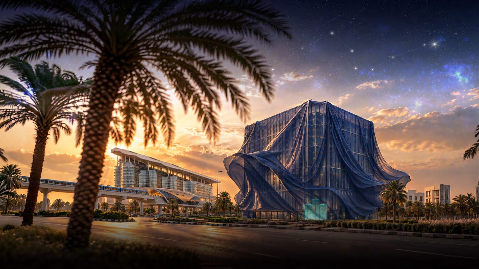 The tower wrapped in a sheer blue drape at dusk, with an elevated metro station and palm trees to the left