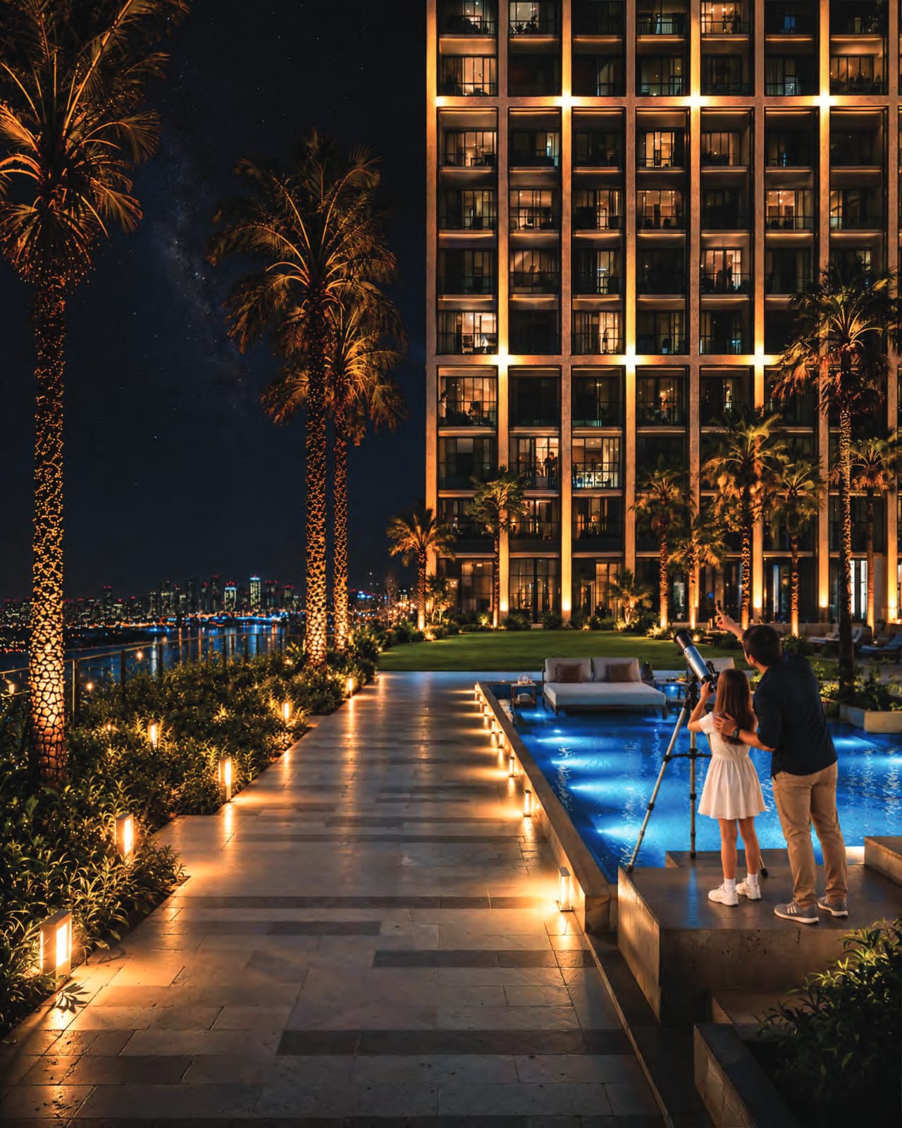 Lit podium walkway beside the pool at night, where a father and daughter use a telescope below the apartment tower