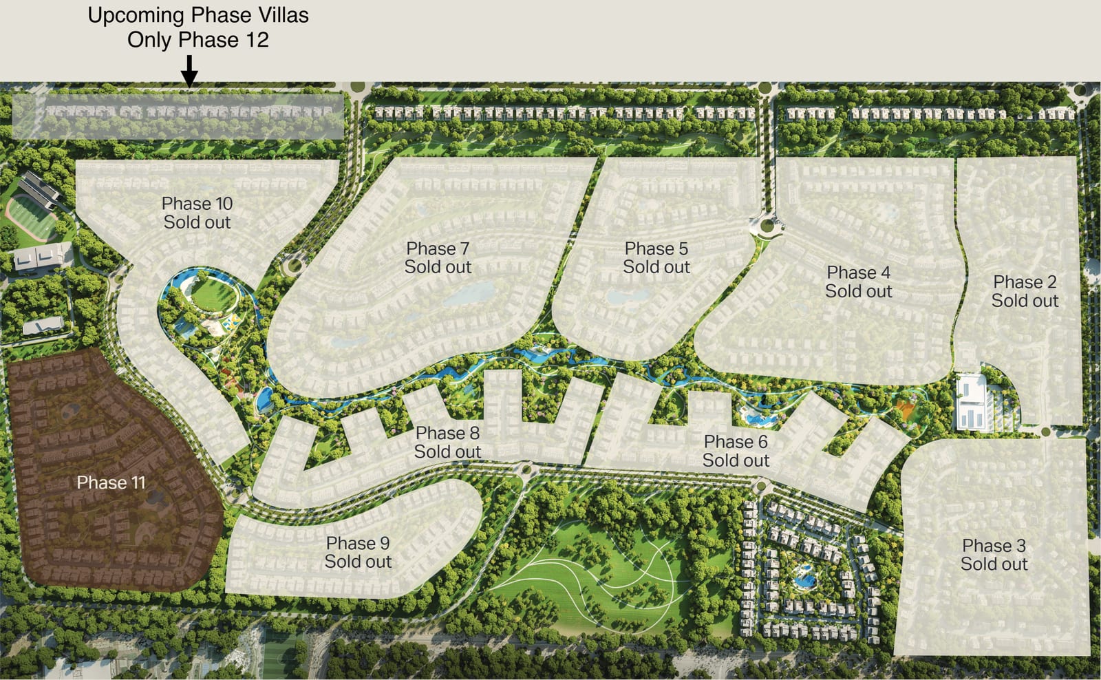 Masterplan of Nad Al Sheba Gardens with Phases 2 to 10 marked sold out, Phase 11 shaded brown in the lower-left corner and the planned villa-only Phase 12 along the top edge