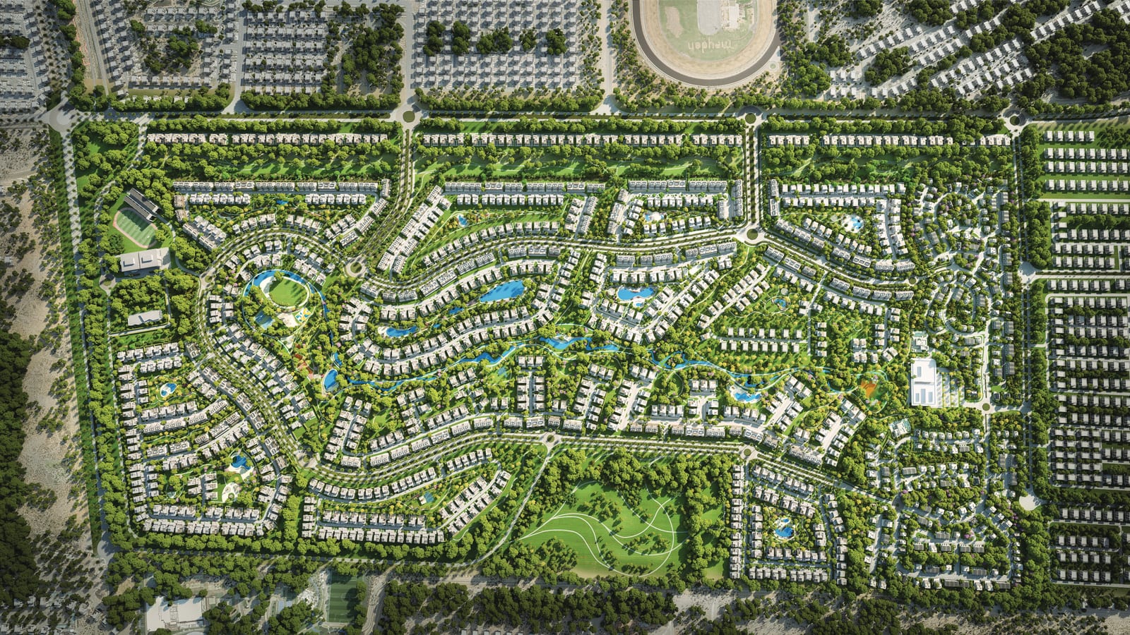 Aerial rendering of Nad Al Sheba Gardens: rows of white houses along curving streets, a winding blue water feature, a large open park and Meydan Racecourse at the top edge