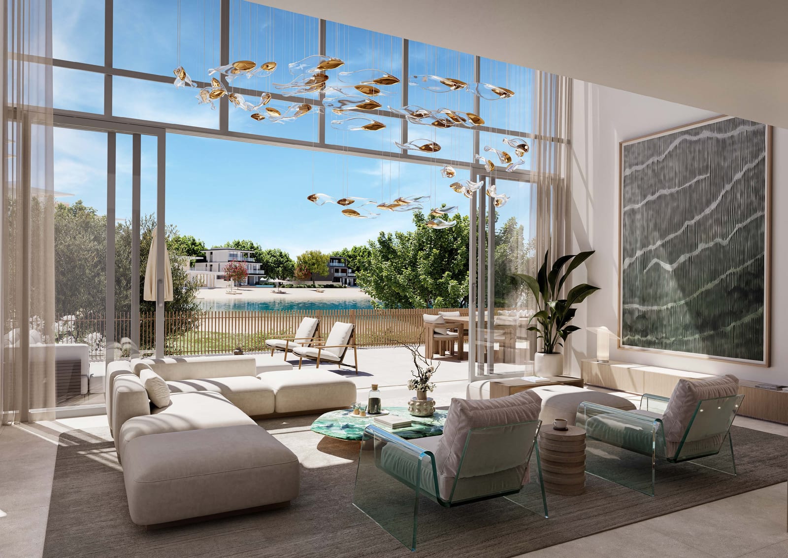 Townhouse living room with tall glazing and a terrace beyond, looking out to the lagoon and palm trees