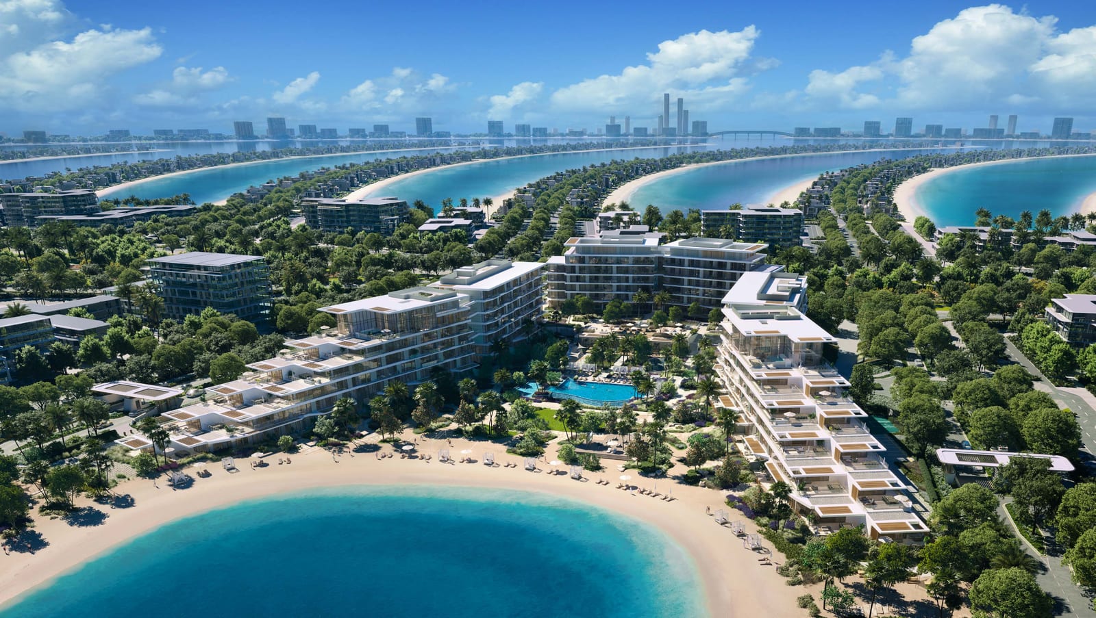Aerial view of the three stepped Palm Central buildings among palm trees, with a curved beach and the fronds of Palm Jebel Ali behind