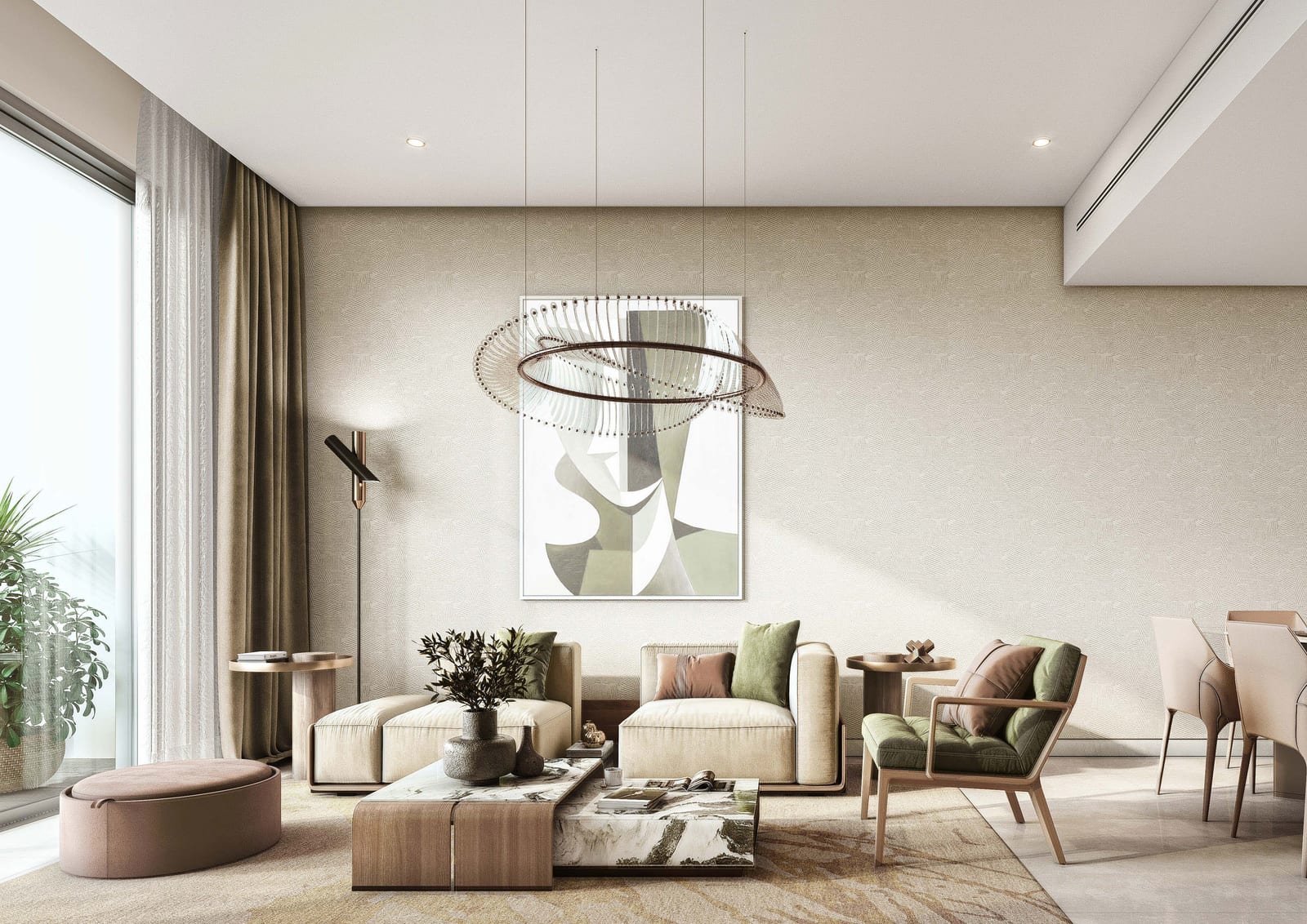 Living room with full-height windows, cream sofas, a green armchair, a round coffee table and a ring pendant light