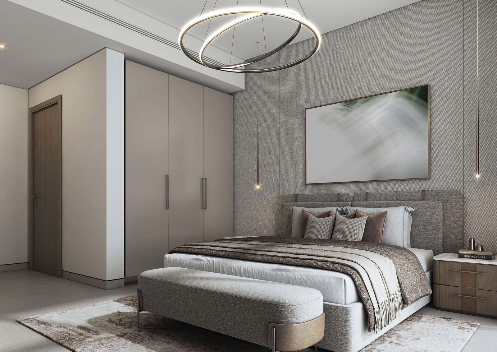 Bedroom with an upholstered bed, bench at its foot, fitted wardrobes and a double ring ceiling light